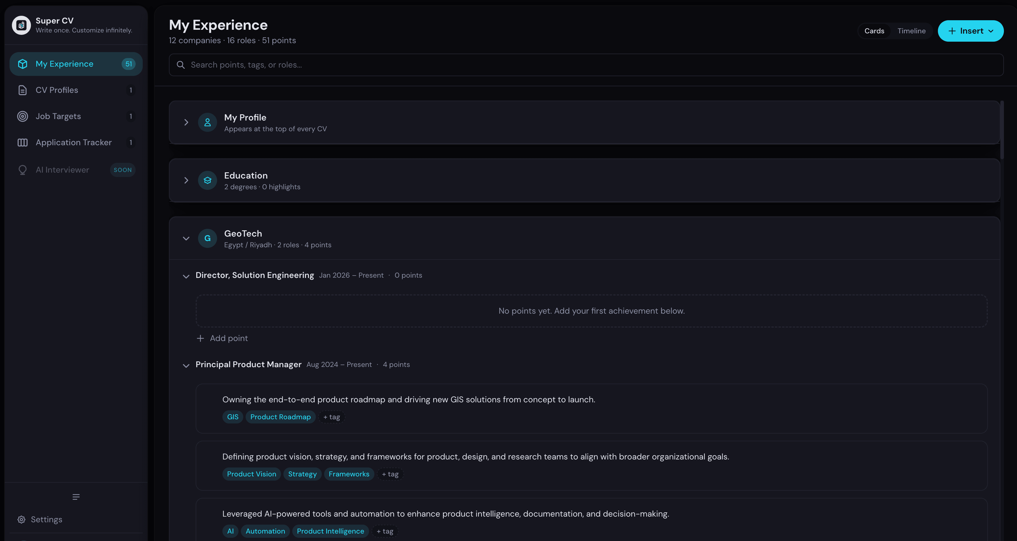 SuperCV My Experience page showing companies, roles, and achievement points