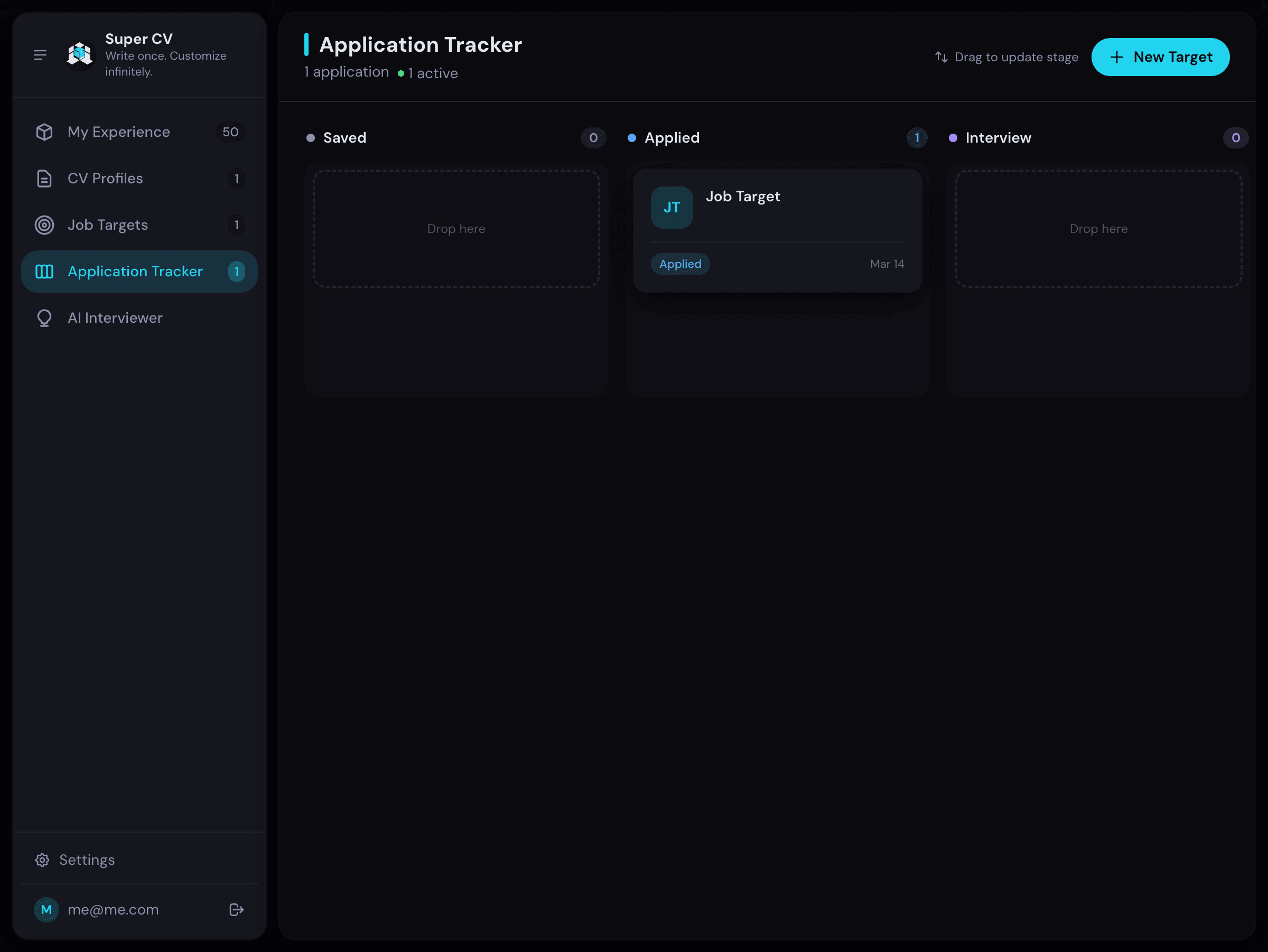 SuperCV Application Tracker kanban board